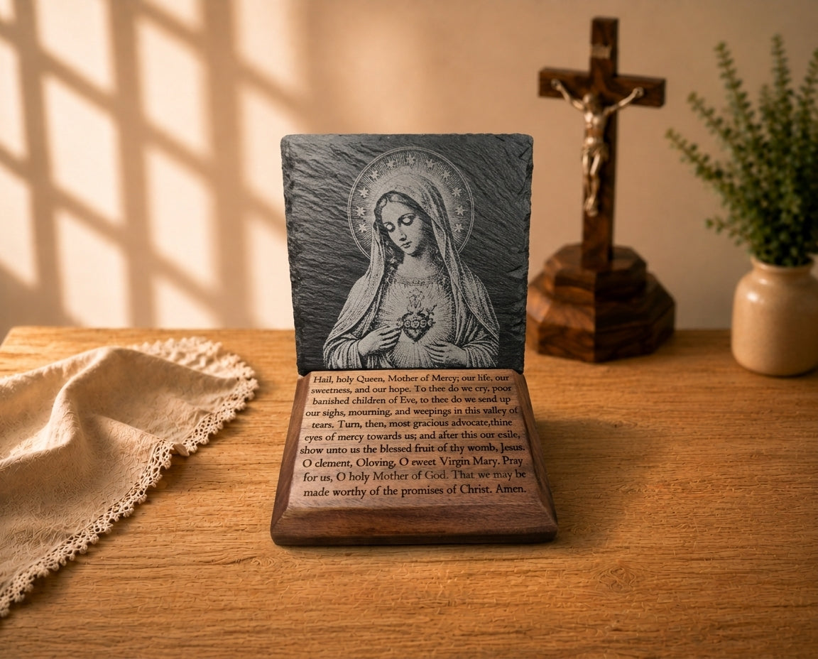 Immaculate Heart of Mary slate plaque with Salve Regina prayer engraved on a handcrafted black walnut base.