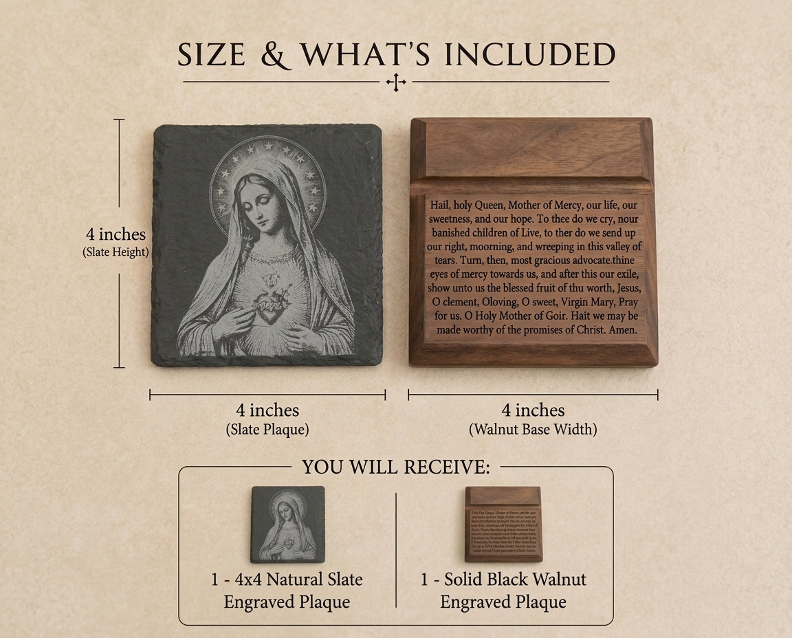 4 x 4 inch Immaculate Heart of Mary slate plaque with 4 x 4 inch black walnut Salve Regina prayer base.