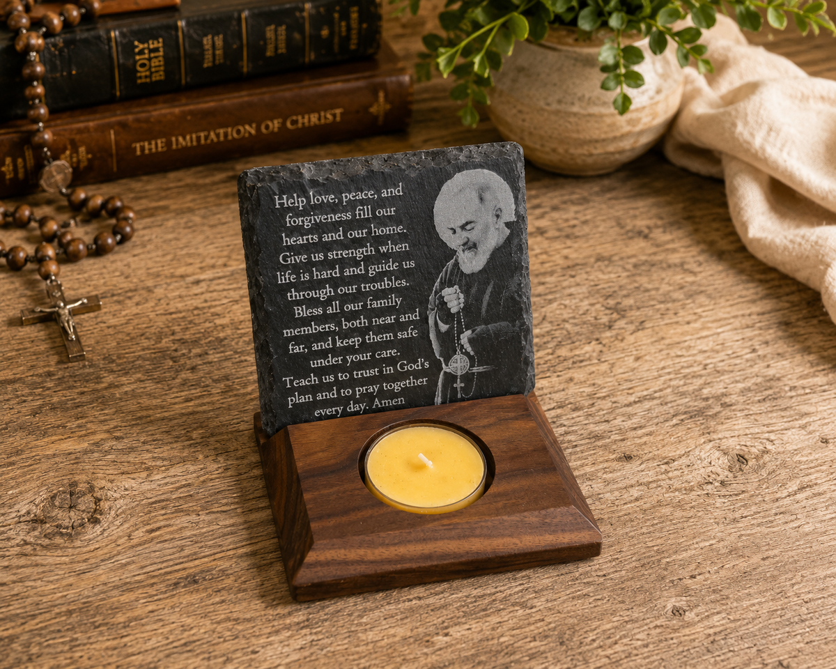 Close view of Padre Pio engraved slate plaque showing natural slate texture, black walnut craftsmanship, and recessed candle holder.