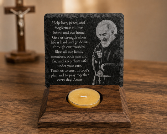 Padre Pio 4x4 laser-engraved slate prayer plaque with black walnut candle base by The Catholic Blacksmith.