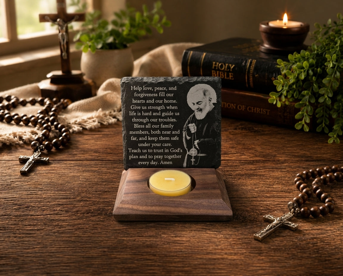 Padre Pio slate prayer plaque with black walnut candle base displayed in a Catholic devotional setting.