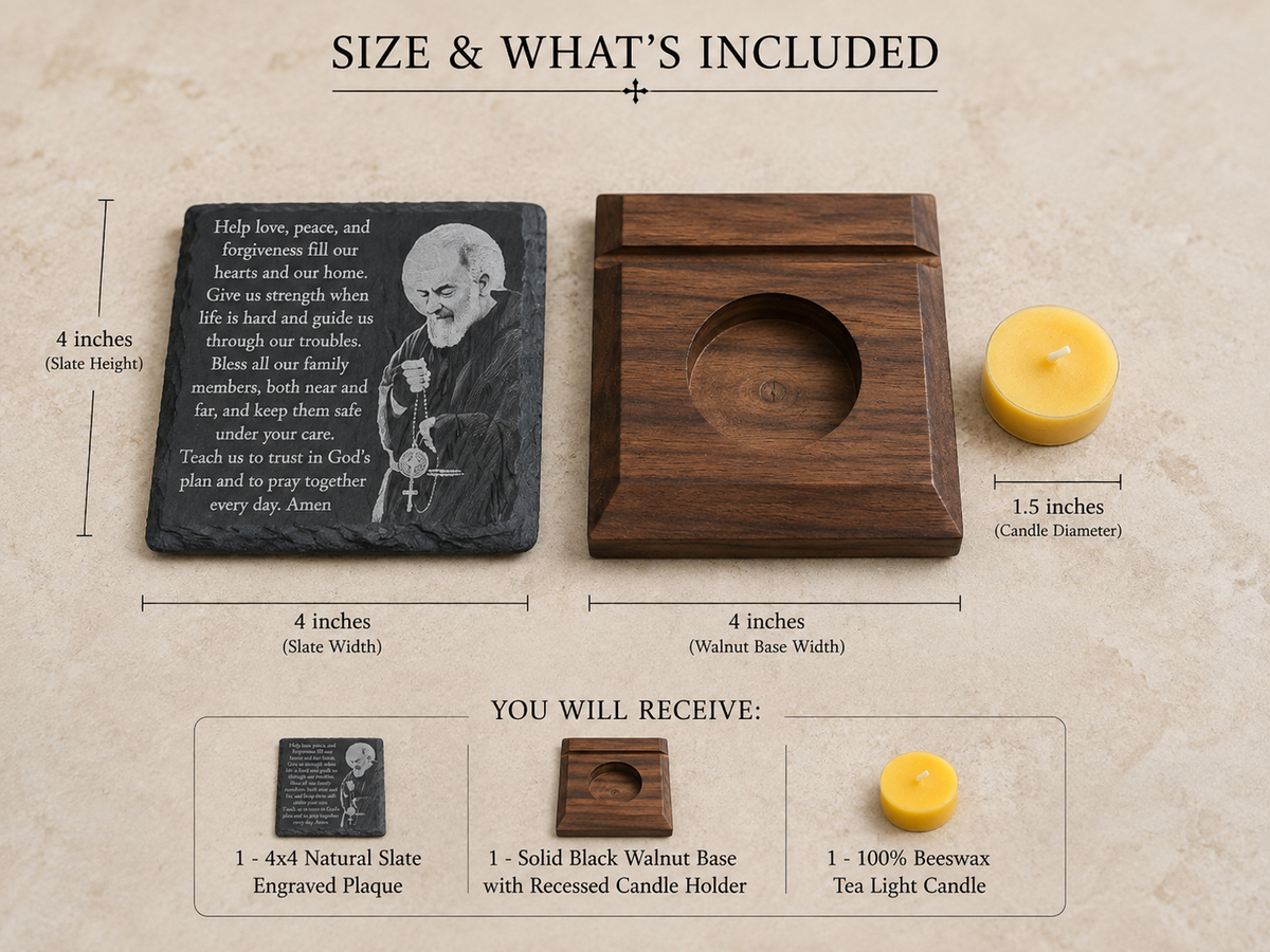 Padre Pio 4x4 slate prayer plaque showing engraved slate, black walnut base, beeswax candle, and product size.