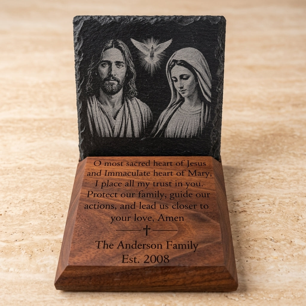Personalized Sacred Heart of Jesus and Immaculate Heart of Mary Catholic prayer tablet with black walnut base