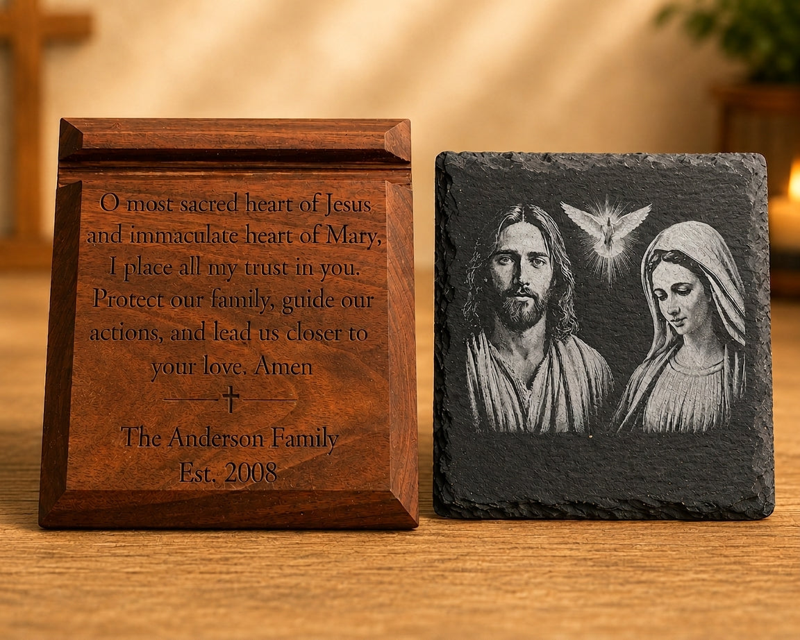 Personalized Catholic prayer tablet with engraved slate and solid black walnut display base