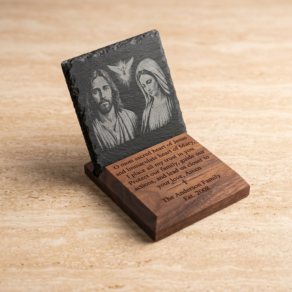 Sacred Heart and Immaculate Heart prayer tablet showing handcrafted slate and walnut construction
