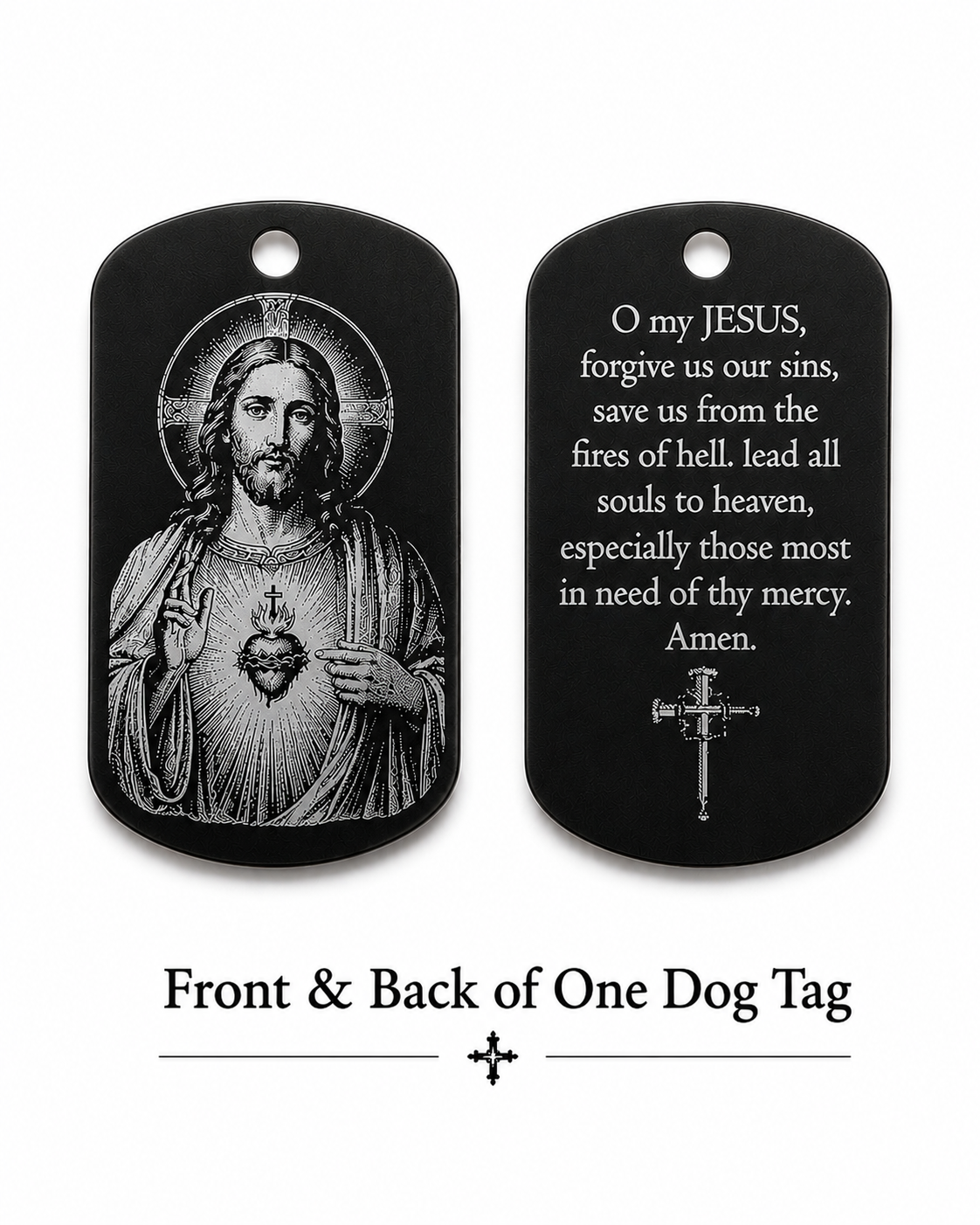 Front and back of Sacred Heart of Jesus dog tag showing the Fatima Prayer