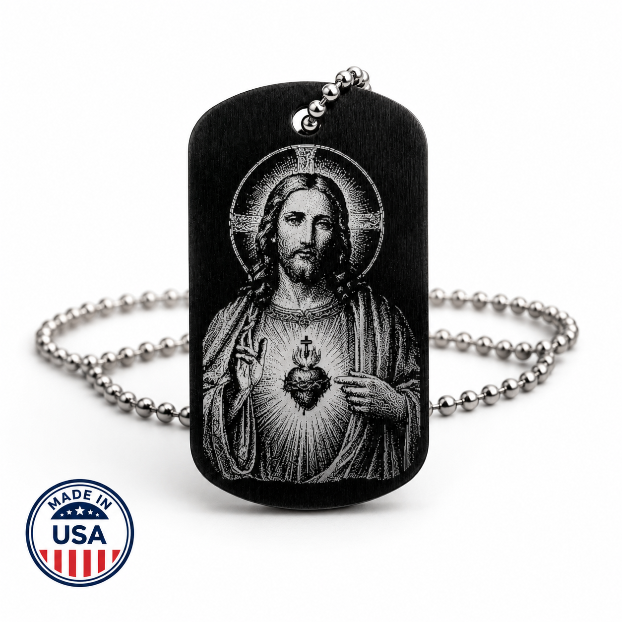 Sacred Heart of Jesus military-style dog tag necklace with Fatima Prayer