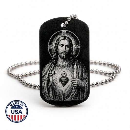 Sacred Heart of Jesus military-style dog tag necklace with Fatima Prayer