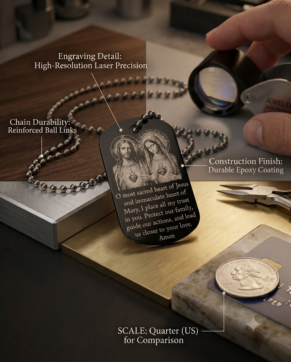 Laser-engraved Sacred Heart of Jesus and Immaculate Heart of Mary dog tag showing engraving detail