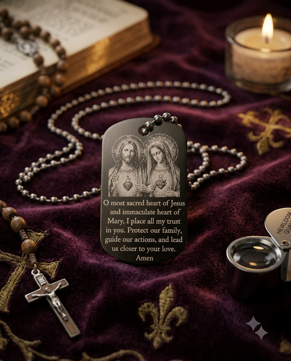 Close-up of Sacred Heart of Jesus and Immaculate Heart of Mary devotional dog tag with engraved prayer
