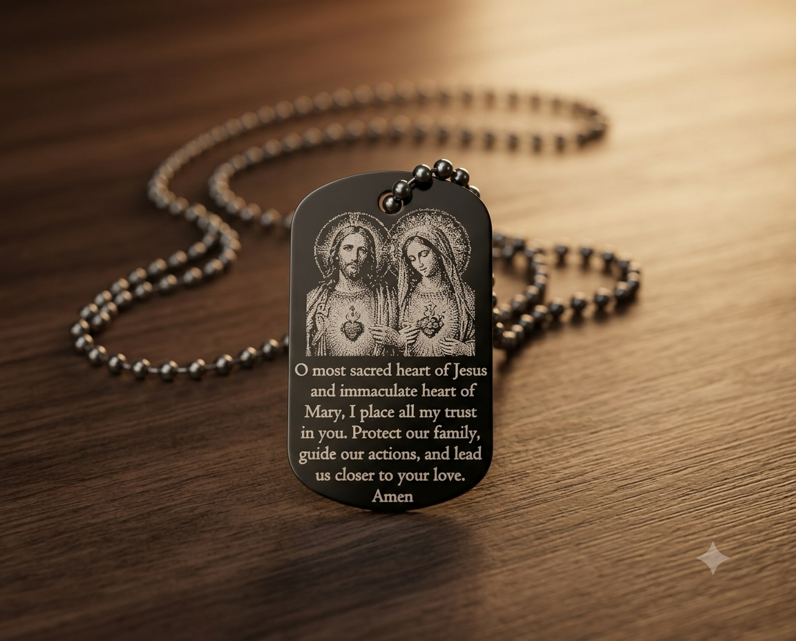 Sacred Heart of Jesus and Immaculate Heart of Mary Catholic devotional dog tag by The Catholic Blacksmith