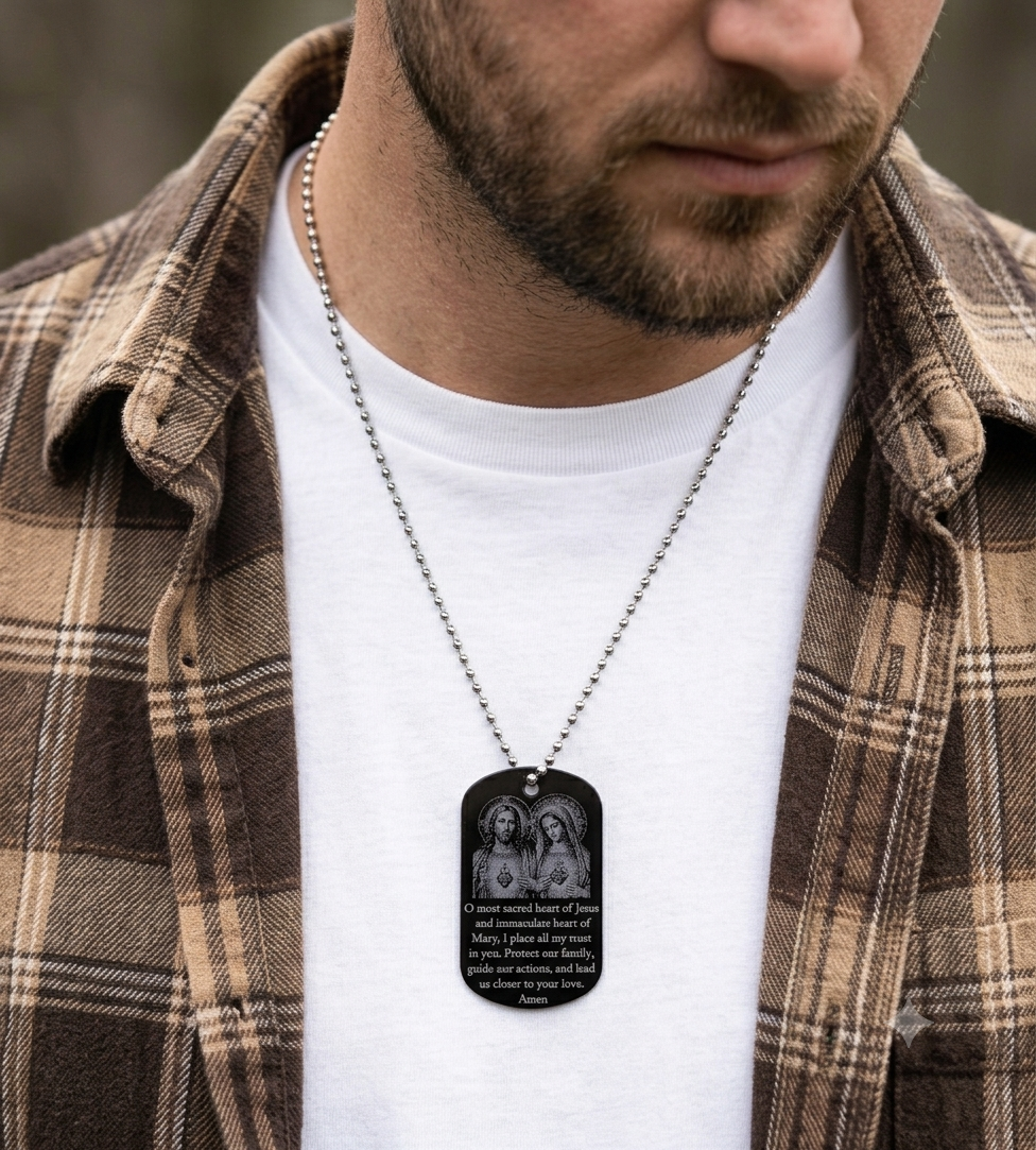 Sacred Heart of Jesus and Immaculate Heart of Mary Catholic dog tag necklace worn with 27-inch ball chain