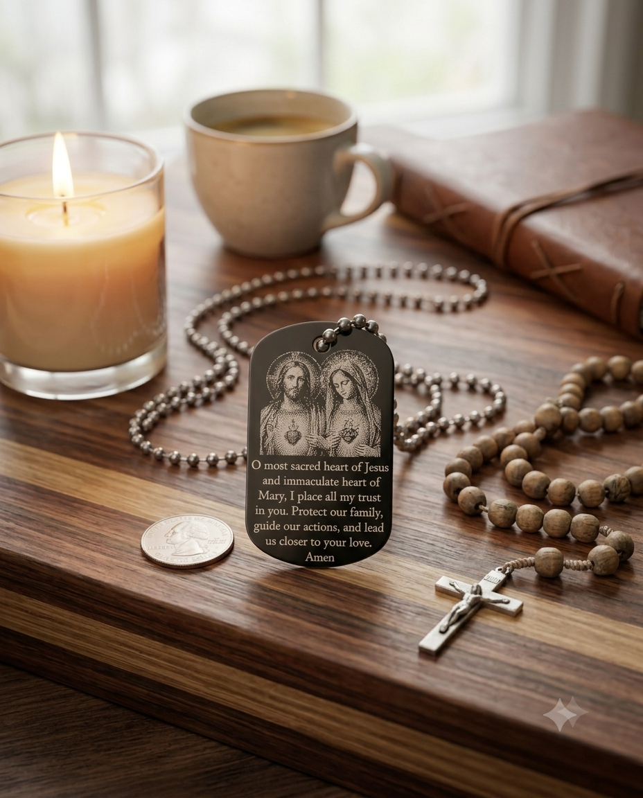 Sacred Heart and Immaculate Heart aluminum Catholic dog tag showing size and proportions