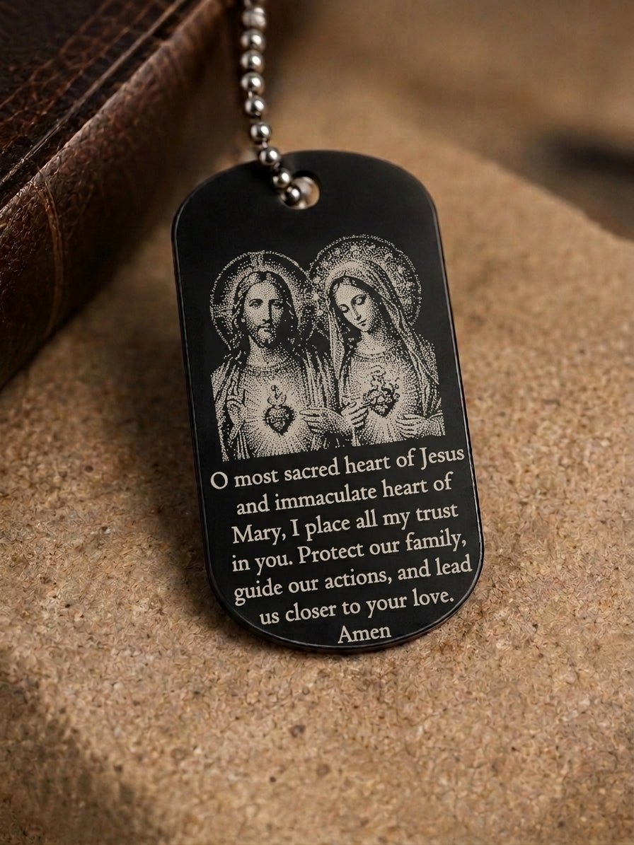 Sacred Heart of Jesus and Immaculate Heart of Mary devotional dog tag with detailed laser engraving by The Catholic Blacksmith.