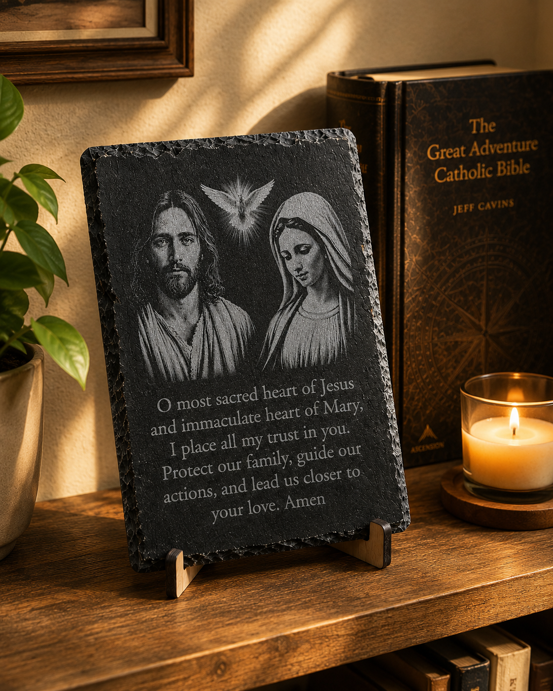Detailed engraving of the Sacred Heart of Jesus and Immaculate Heart of Mary on natural slate by The Catholic Blacksmith.