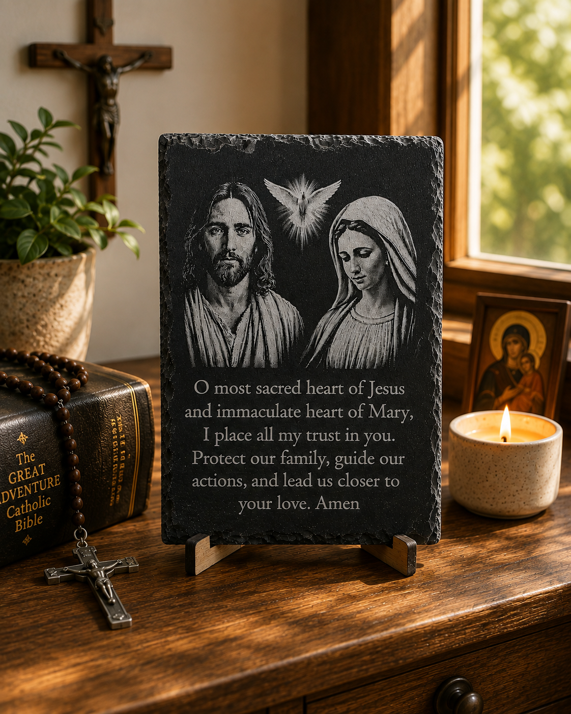 Sacred Heart of Jesus and Immaculate Heart of Mary slate prayer plaque displayed in a Catholic prayer space.