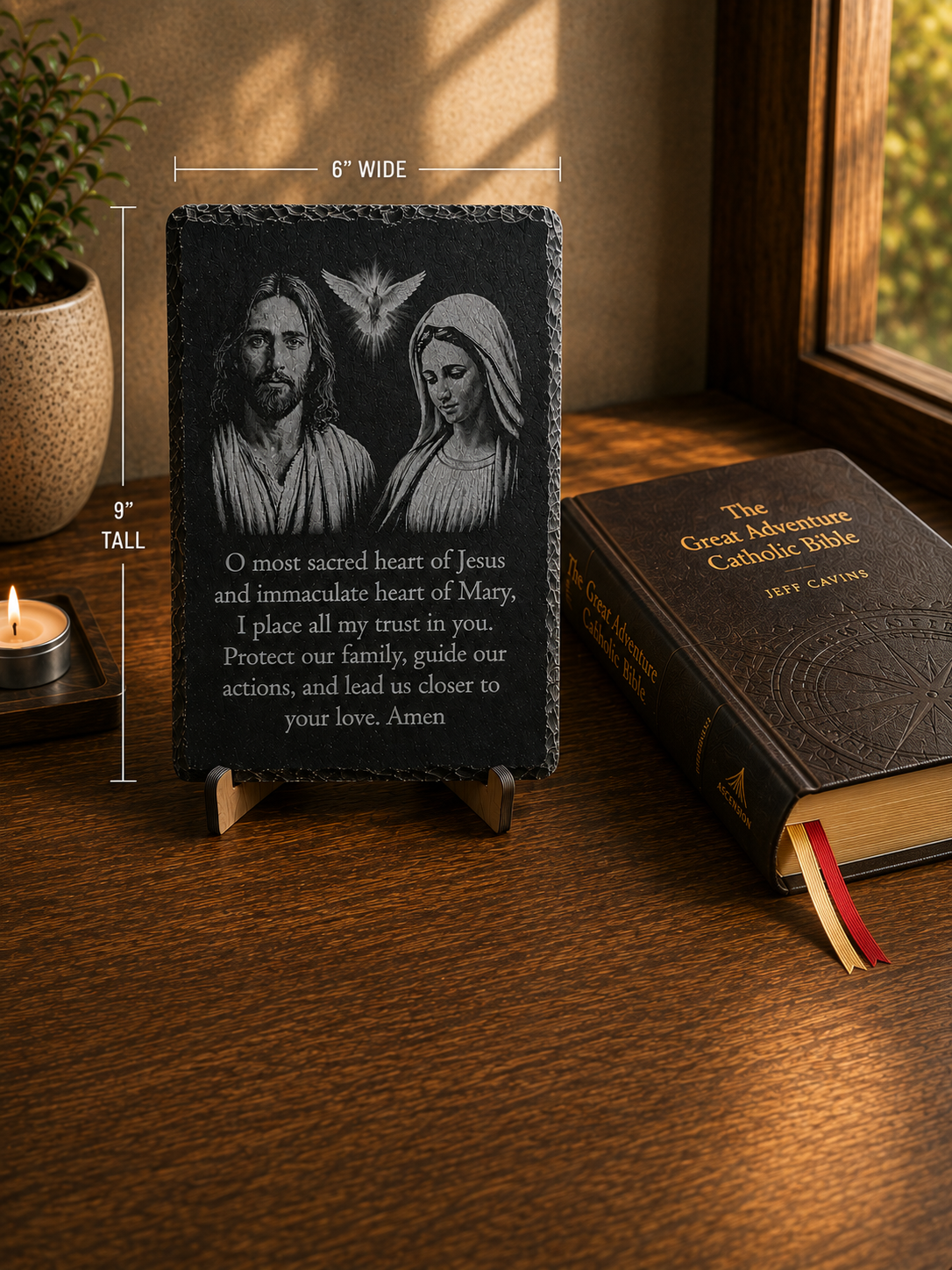 Laser engraved Sacred Heart of Jesus and Immaculate Heart of Mary prayer plaque on natural slate.