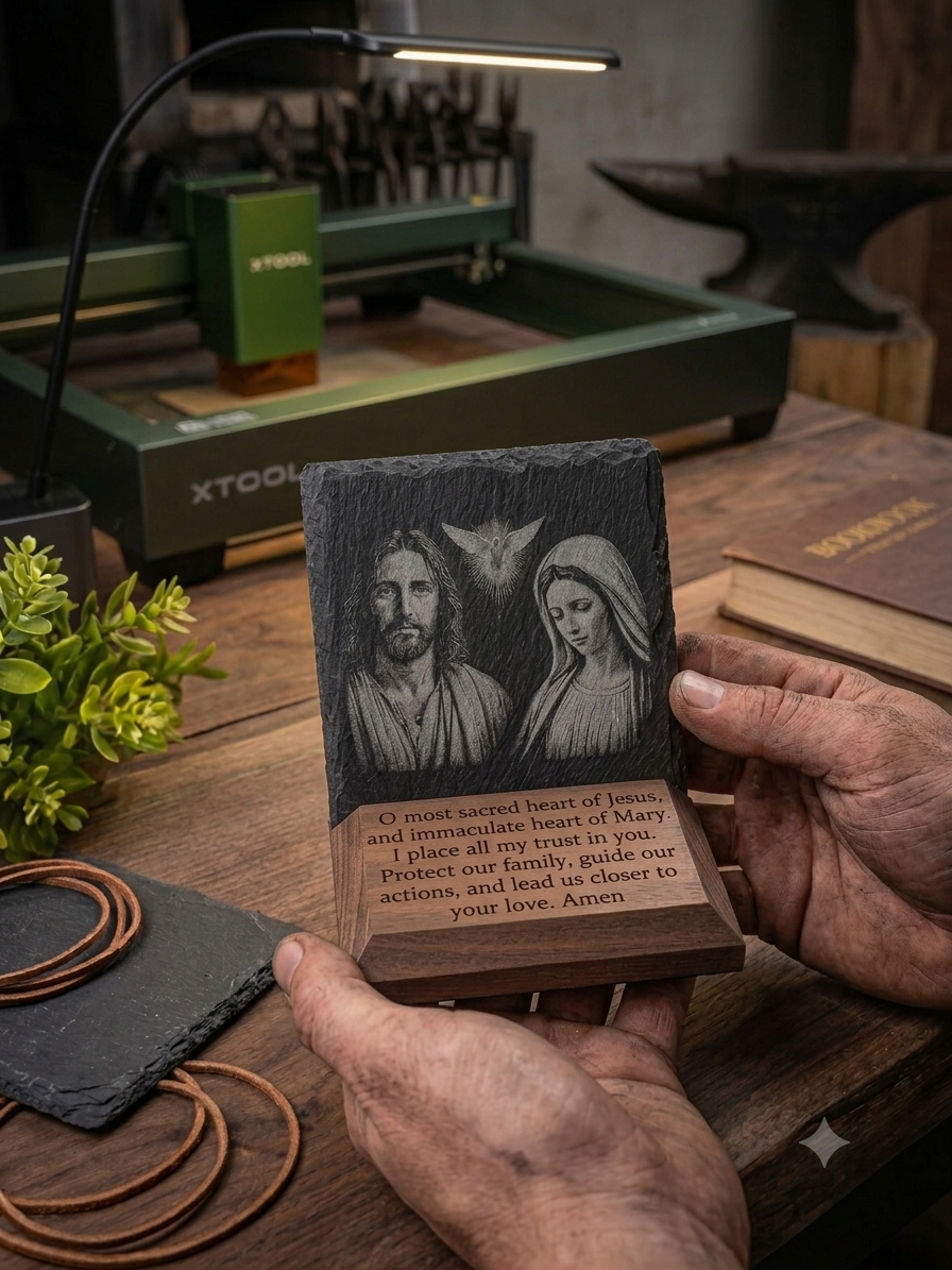 Handcrafted black walnut base and laser engraved slate Catholic prayer plaque by The Catholic Blacksmith
