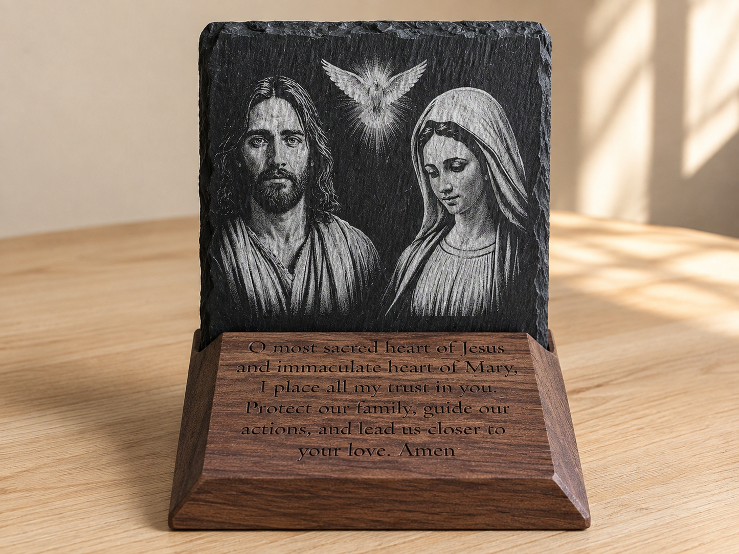 Sacred Heart of Jesus and Mary engraved slate prayer plaque with black walnut base by The Catholic Blacksmith