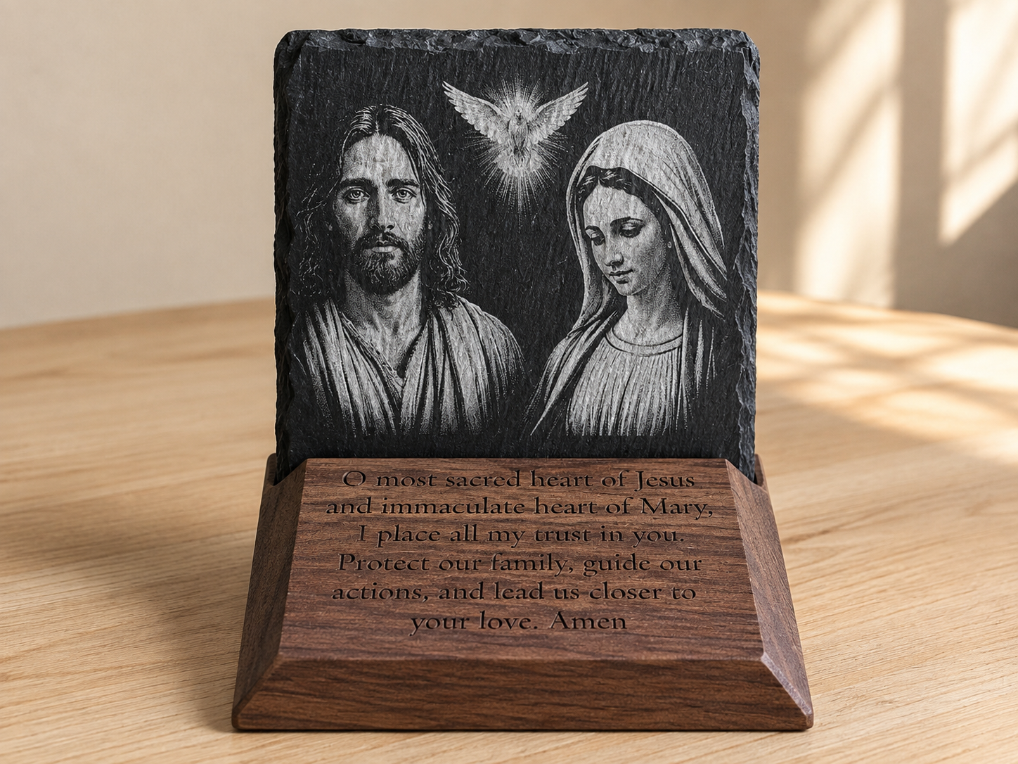 Sacred Heart of Jesus and Mary engraved slate prayer plaque with black walnut base by The Catholic Blacksmith