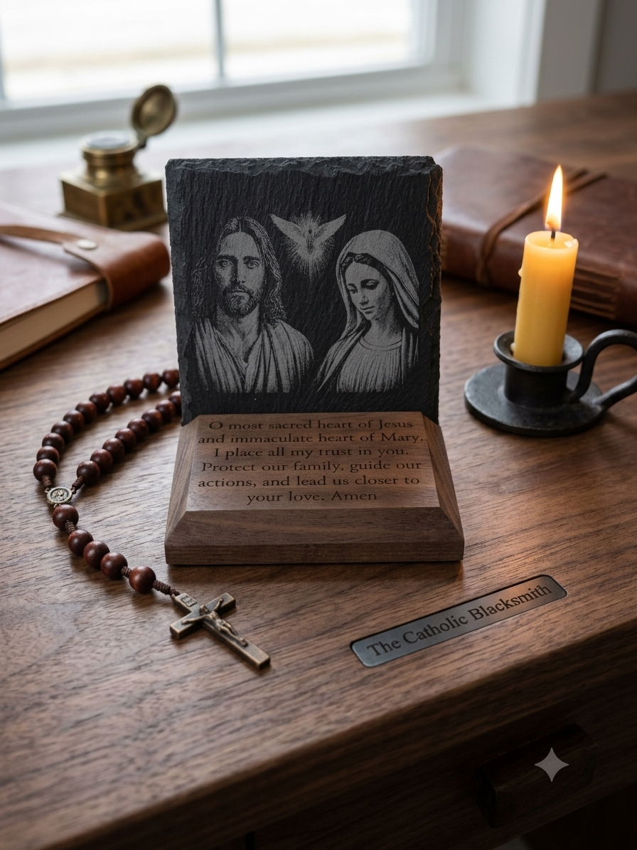 Sacred Heart of Jesus and Mary slate prayer plaque displayed in a Catholic prayer space by The Catholic Blacksmith