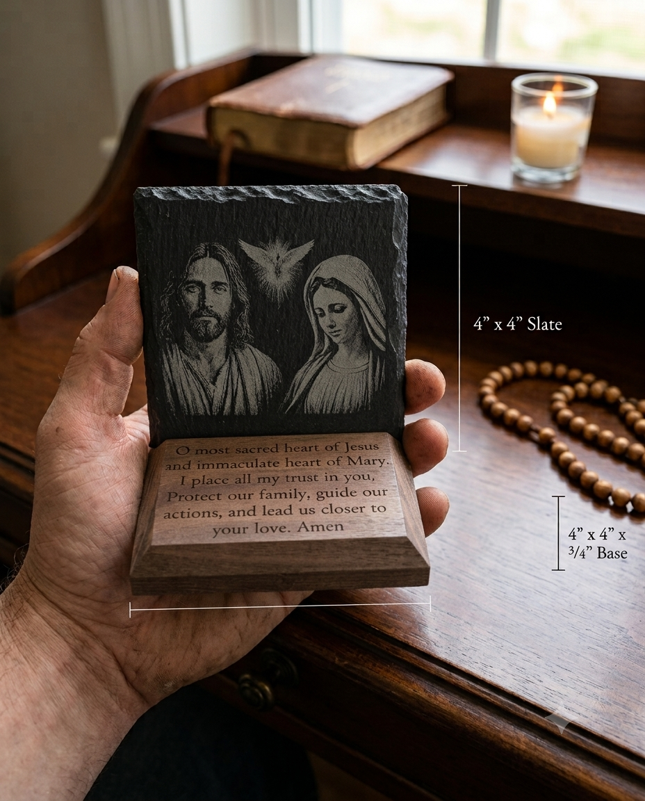 4 inch Sacred Heart of Jesus and Mary engraved slate plaque with black walnut prayer base by The Catholic Blacksmith