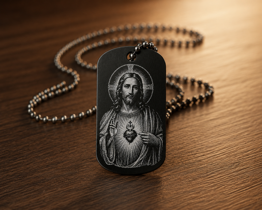 Sacred Heart of Jesus devotional military-style dog tag with laser-engraved artwork by The Catholic Blacksmith