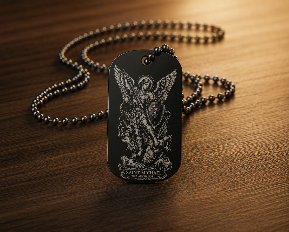 Saint Michael the Archangel Catholic devotional dog tag necklace laser engraved by The Catholic Blacksmith