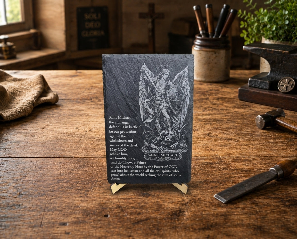 Close view of Saint Michael the Archangel engraving, prayer text, and natural slate texture and edges.