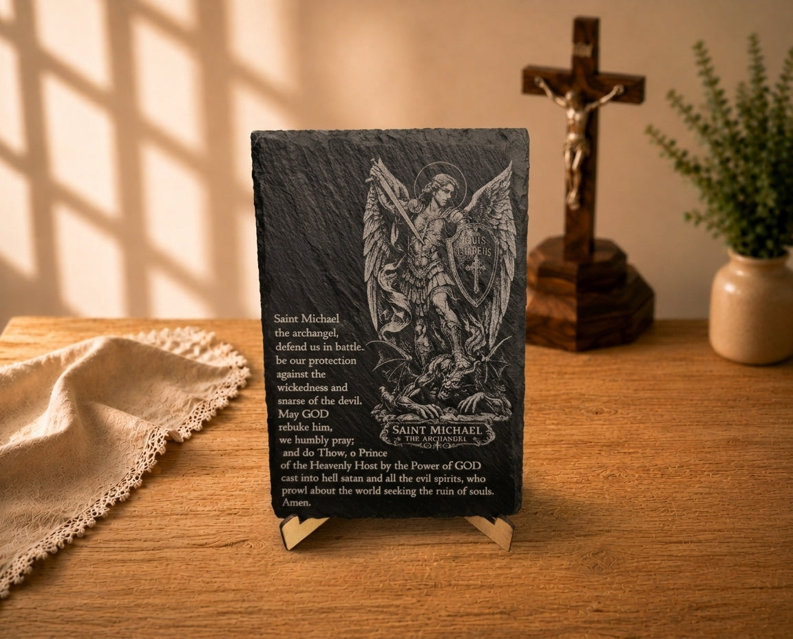 Saint Michael the Archangel 6x9 laser-engraved slate prayer plaque with display easel by The Catholic Blacksmith.