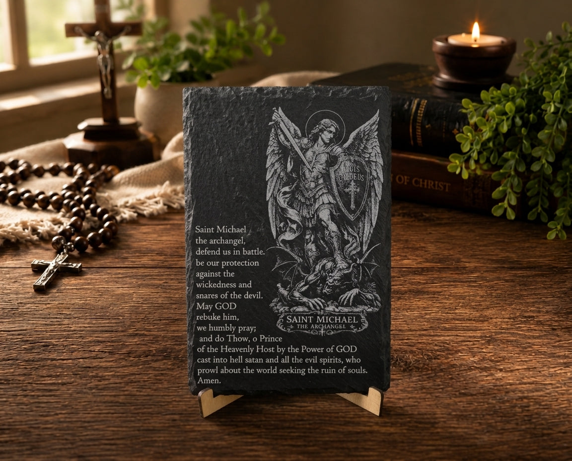 Saint Michael the Archangel slate prayer plaque displayed in a Catholic devotional setting.