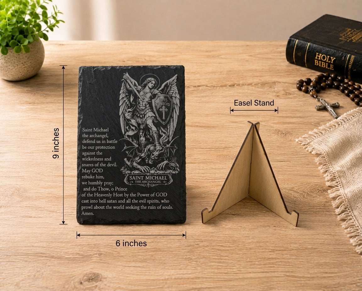 6 x 9 inch Saint Michael the Archangel engraved slate prayer plaque with included display easel.