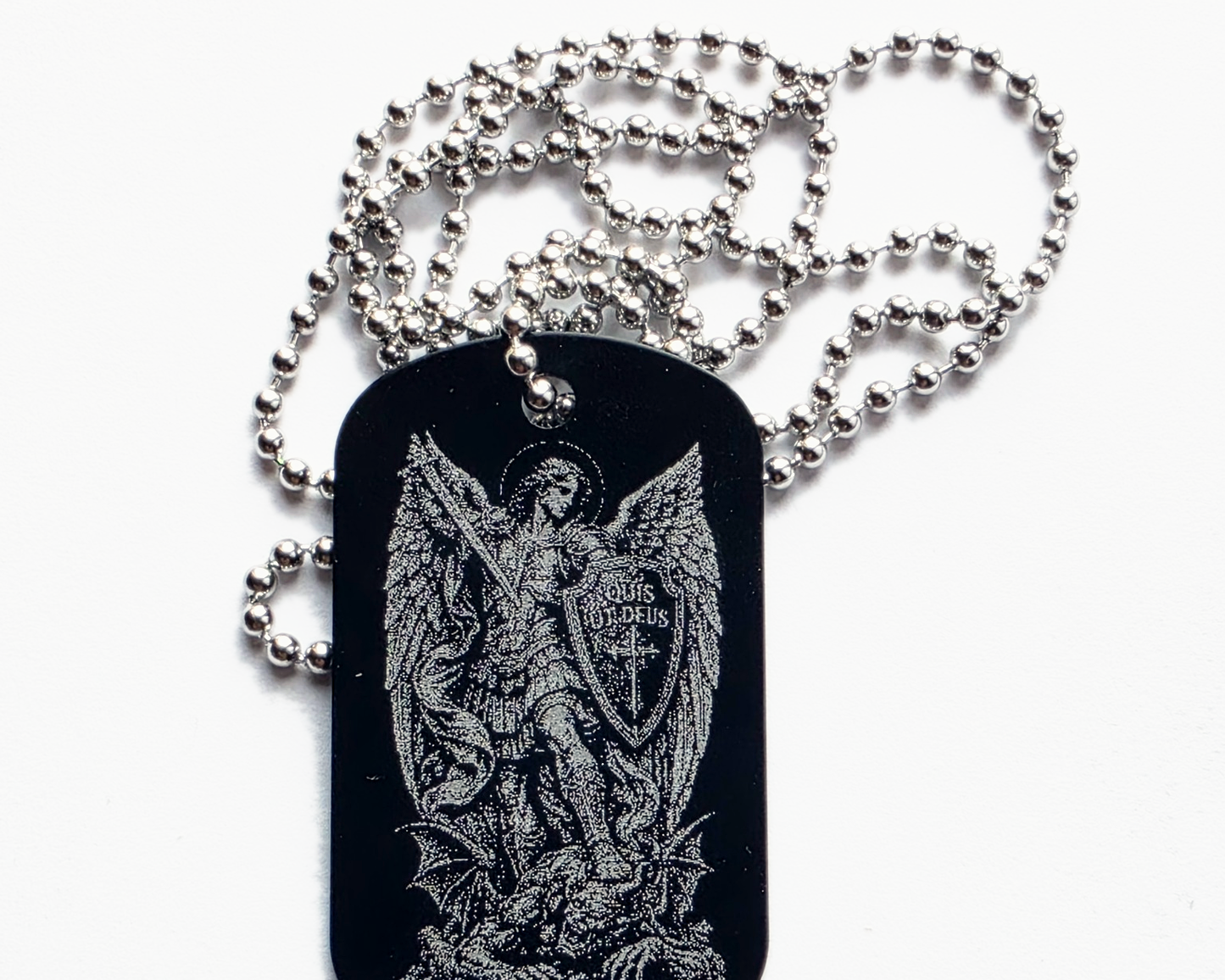 Saint Michael the Archangel Catholic dog tag necklace with laser engraved design
