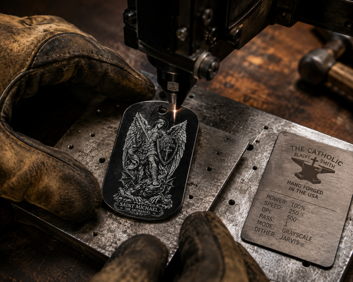 Saint Michael Catholic dog tag being laser engraved by The Catholic Blacksmith in the USA