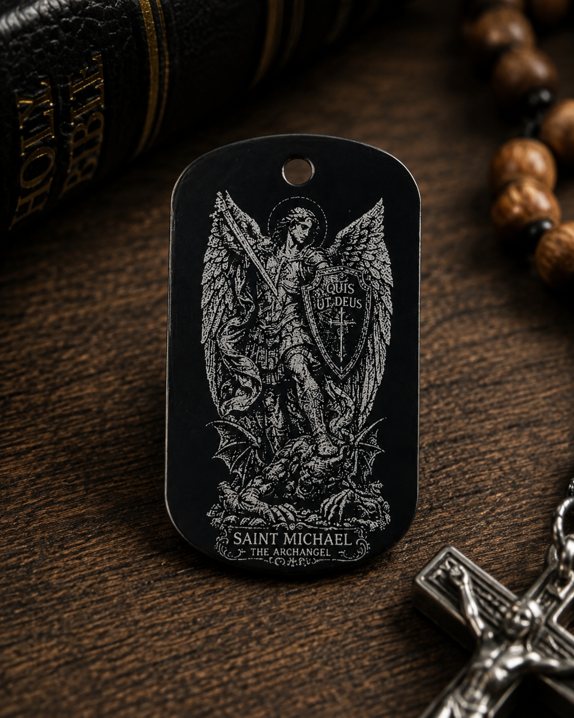 Close-up detail of Saint Michael the Archangel laser engraved dog tag necklace