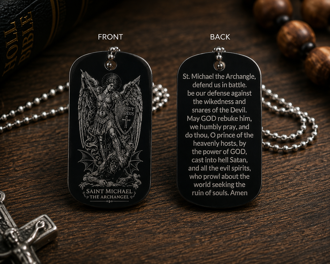 Front and back of Saint Michael Catholic dog tag with Saint Michael Prayer engraving